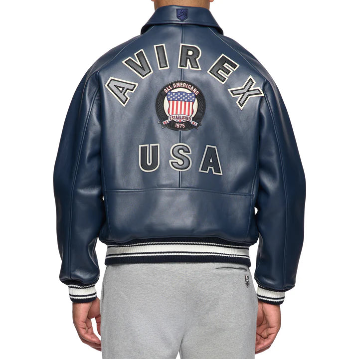 Men’s Avirex Navy Blue Icon Bomber Leather Jacket