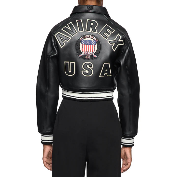 Women’s Avirex Simple Jet Black Cropped Leather Jacket