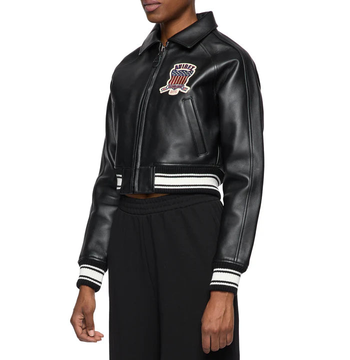 Women’s Avirex Simple Jet Black Cropped Leather Jacket