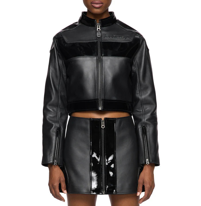 Women’s Avirex Black Patent Cropped Leather Biker Jacket