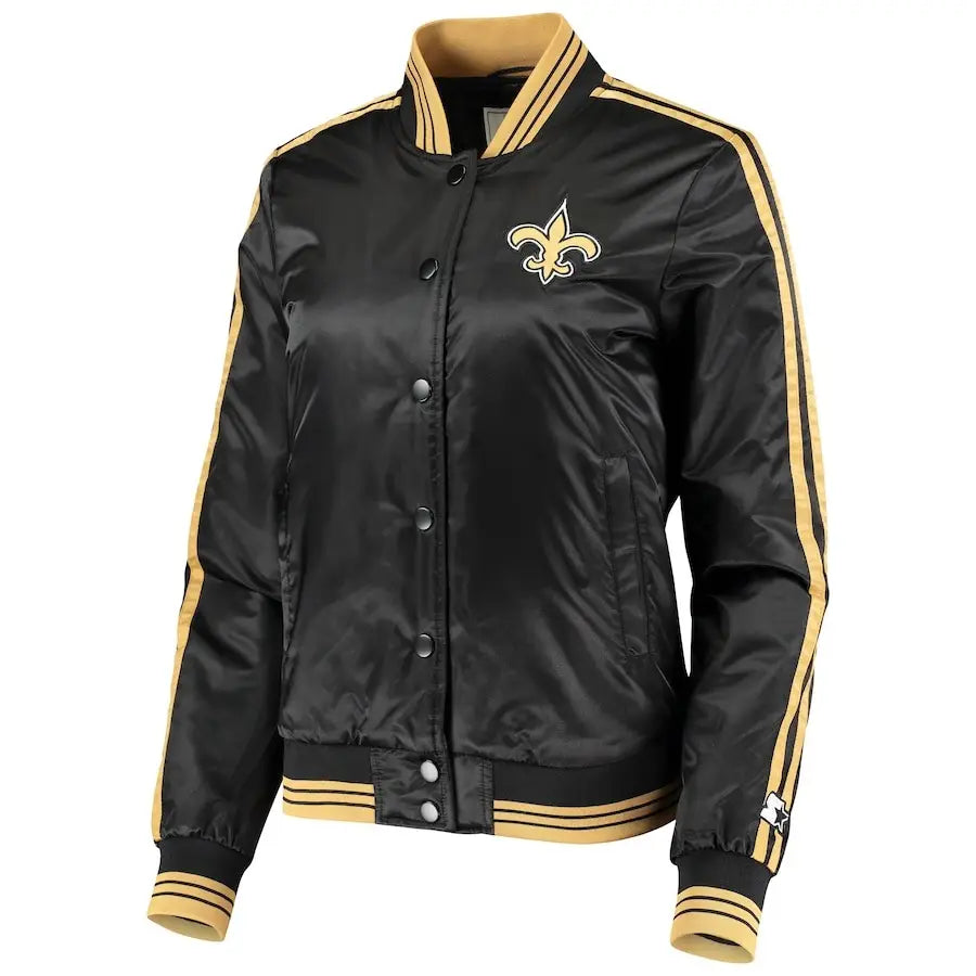 Black New Orleans Saints Starter Women’s Overtime Varsity Satin Full-Snap Jacket