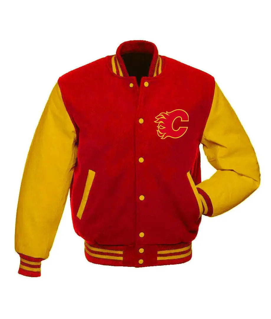 Calgary Flames Red and Gold Varsity Jacket – Premium Unisex Fan Apparel