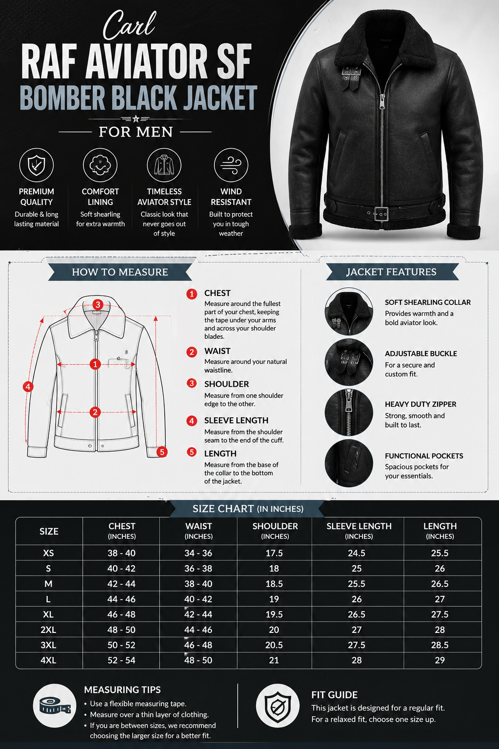 Carl RAF Aviator SF Bomber Black Jacket for Men
