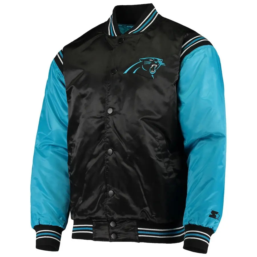 Carolina Panthers Men’s Black-Blue Enforcer Satin Varsity Full-Snap Jacket
