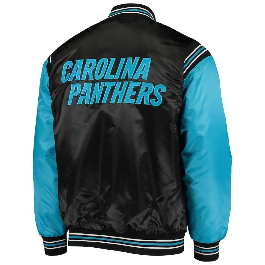 Carolina Panthers Men’s Black-Blue Enforcer Satin Varsity Full-Snap Jacket