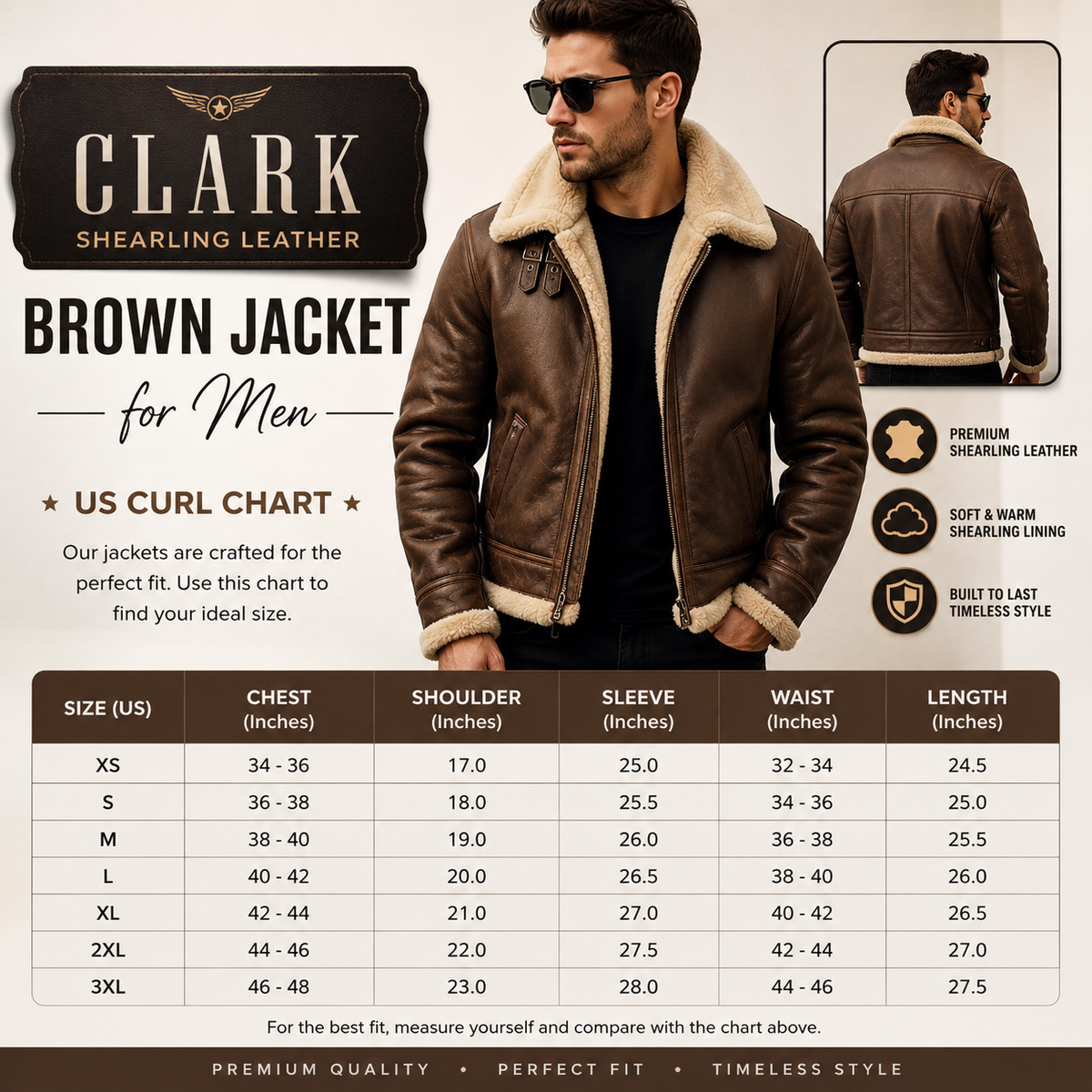 Clark Shearling Leather Brown Jacket for Men