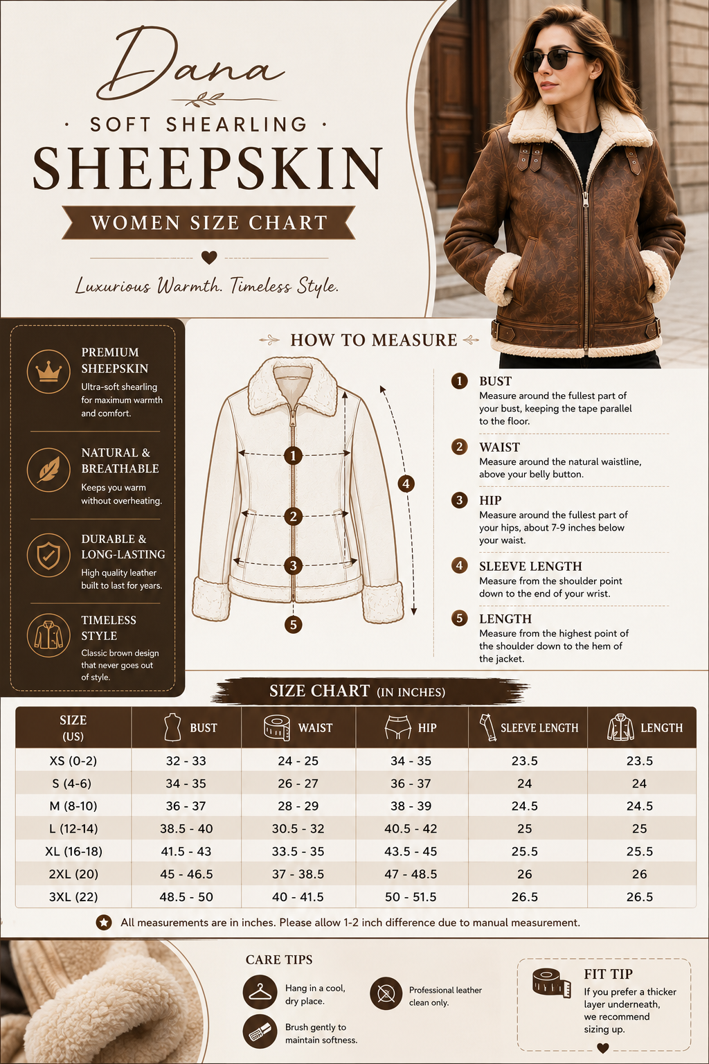 Dana Soft Shearling Sheepskin Leather Brown Jacket Women