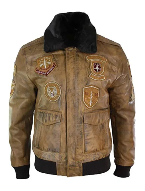 Devin Aviator Tan Bomber Brown Jacket with Patches for Men