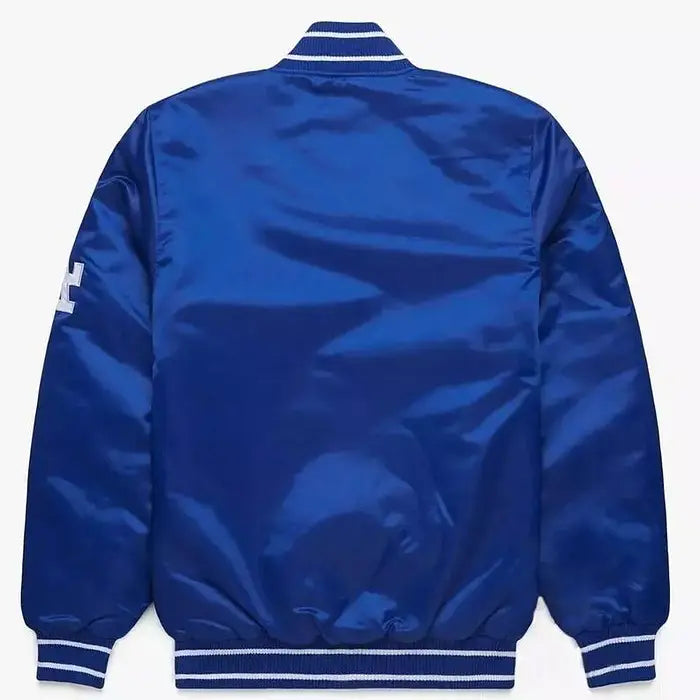 Handmade MLB LA Dodgers Blue Satin Baseball Bomber Jacket with Embroidery