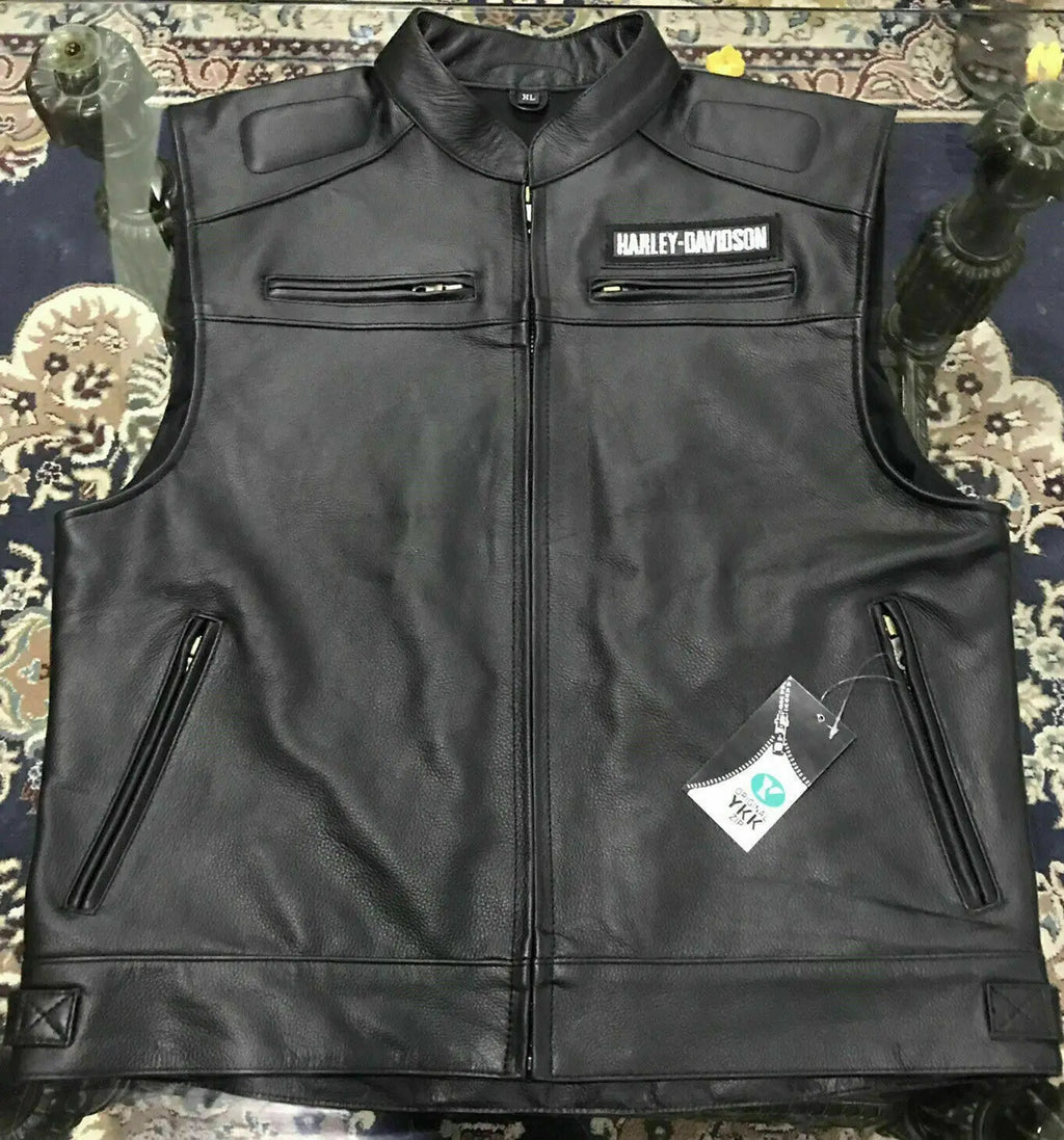 Harley Davidson Men’s Genuine Leather Black Biker Vest Leather Jacket Moto Cafe