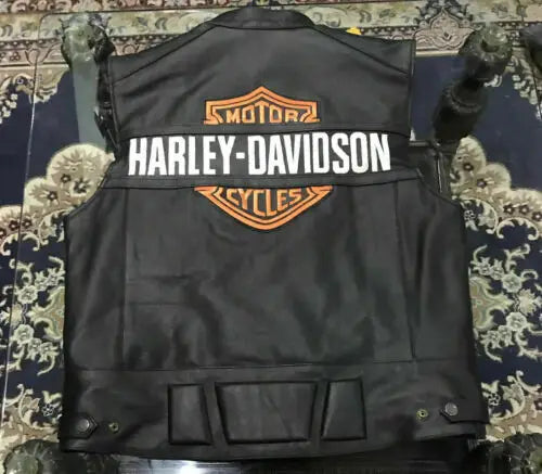 Harley Davidson Men’s Genuine Leather Black Biker Vest Leather Jacket Moto Cafe
