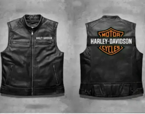 Harley Davidson Men’s Genuine Leather Black Biker Vest Leather Jacket Moto Cafe