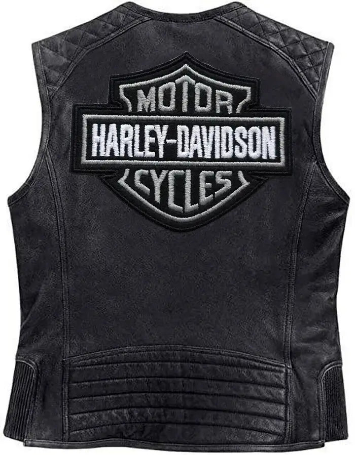 Harley Davidson Men’s Genuine Leather Black Biker Vest Moto Cafe with 4 Front Pockets