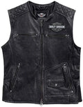 Harley Davidson Men’s Genuine Leather Black Biker Vest Moto Cafe with 4 Front Pockets