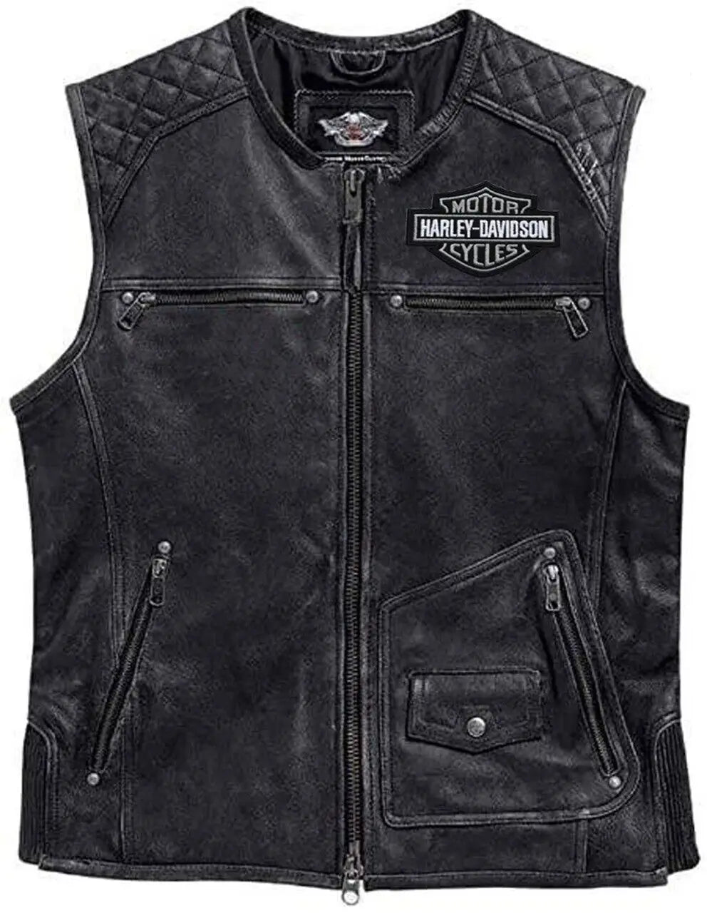 Harley Davidson Men’s Genuine Leather Black Biker Vest Moto Cafe with 4 Front Pockets