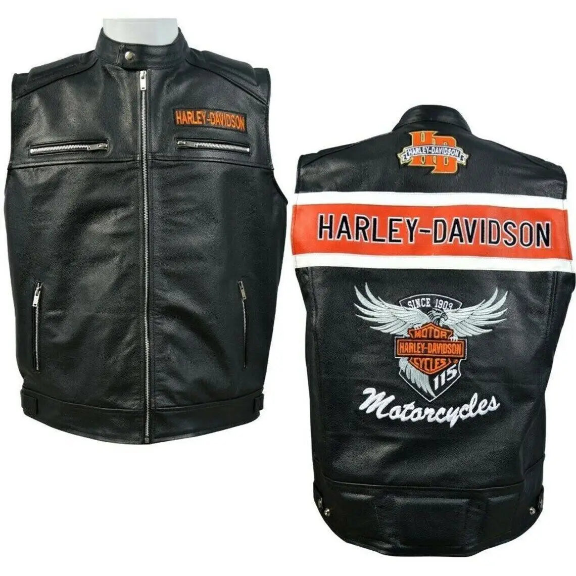 Harley Davidson Men’s Genuine Leather Black Legendary Biker Vest Moto Cafe Racer