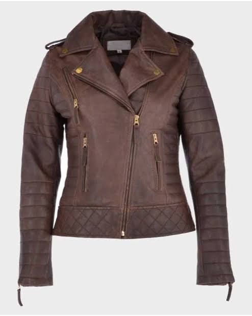 Kara Brown Distressed Biker Leather Jacket for Women