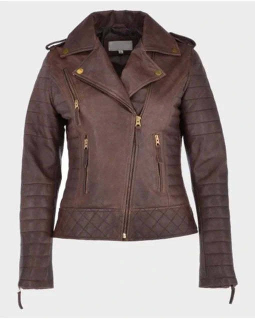 Kara Brown Distressed Biker Leather Jacket for Women