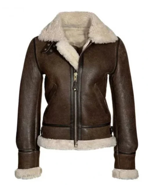 Katie Distressed Brown Shearling Leather Jacket Women