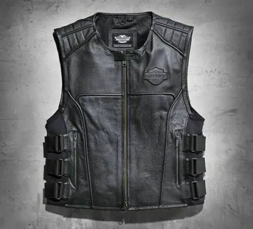 Men Swat II Genuine Leather Zippered Harley Davidson Biker Cafe Racer Black Vest