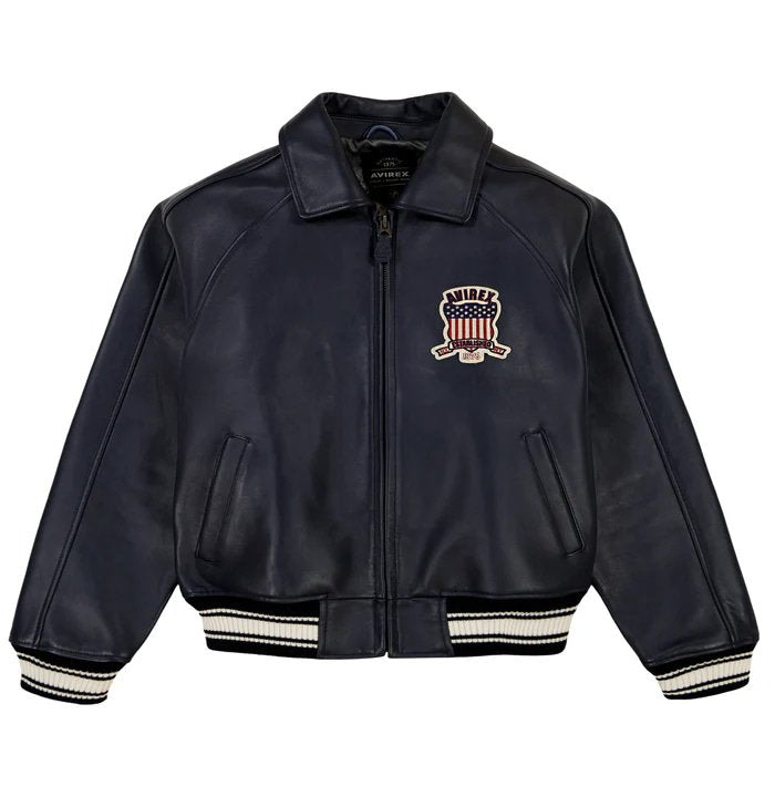 Men’s Avirex Navy Blue Icon Bomber Leather Jacket