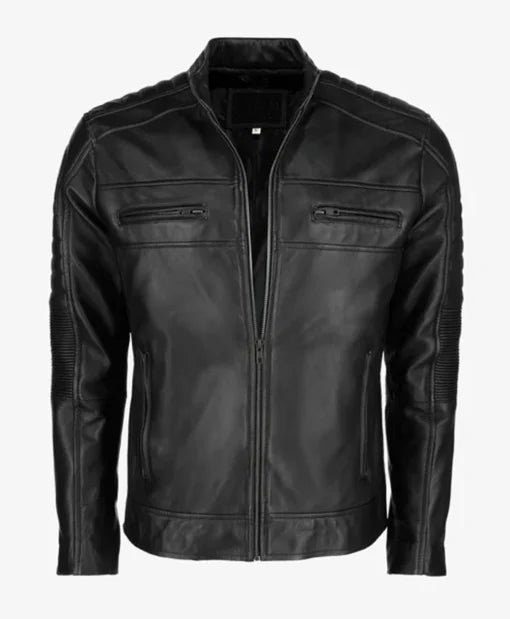 Men's Black Cafe Racer Leather Jacket Classic Biker Style