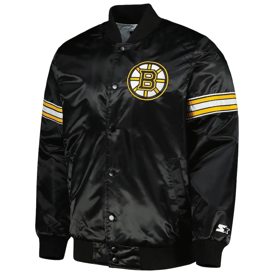 Men’s Boston Bruins Black Satin Varsity Jacket – Pick & Roll Full-Snap