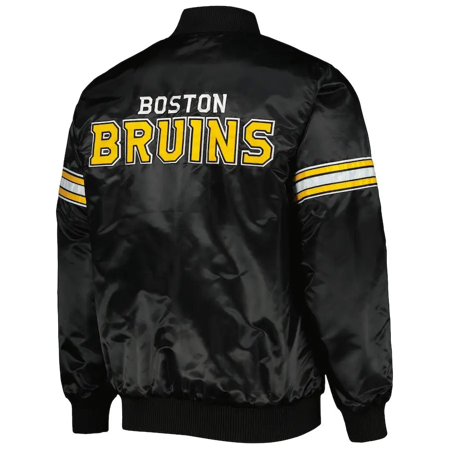Men’s Boston Bruins Black Satin Varsity Jacket – Pick & Roll Full-Snap