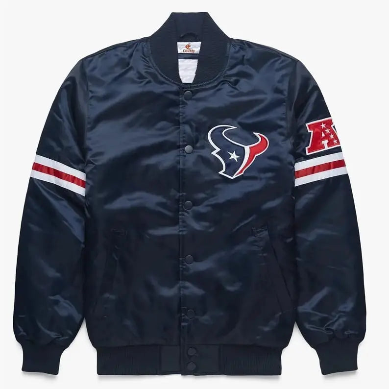 Men’s Houston Texans Satin Bomber Jacket in Navy Blue