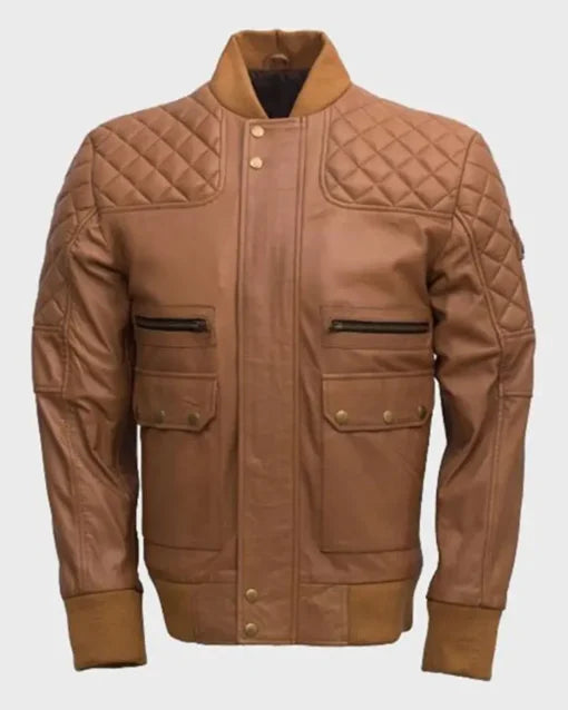Men's Quilted Tan Brown Sheepskin Leather Jacket