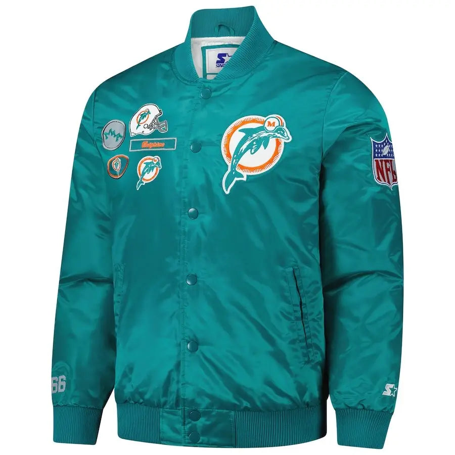 Men’s Starter Aqua Miami Dolphins Satin Full-Snap Varsity Jacket