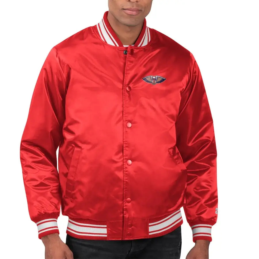 Men’s Starter Red New Orleans Pelicans Printed Team Name Satin Varsity Full-Snap Jacket.