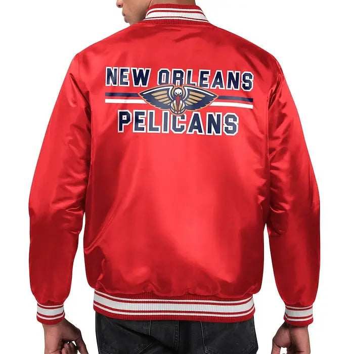 Men’s Starter Red New Orleans Pelicans Printed Team Name Satin Varsity Full-Snap Jacket.