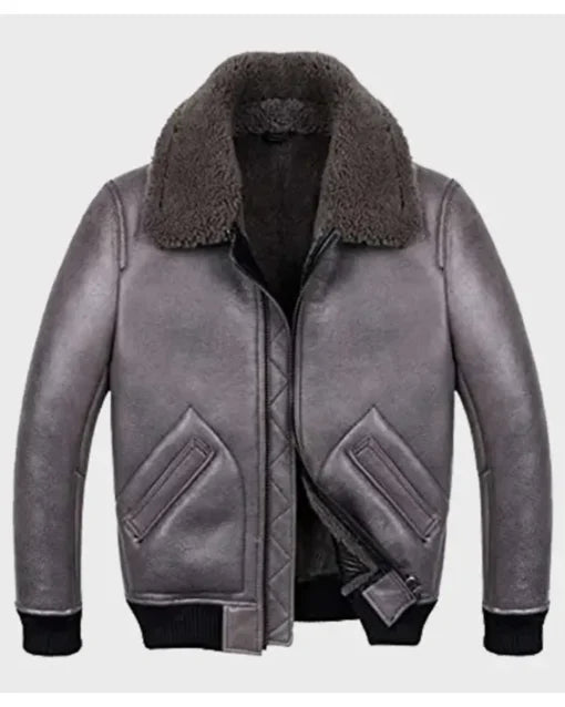Men's Grey Shearling B-2 Bomber Leather Jacket