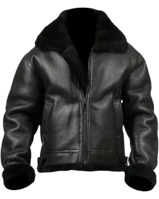 Michael Large Fur Collar Black Leather Jacket for Men