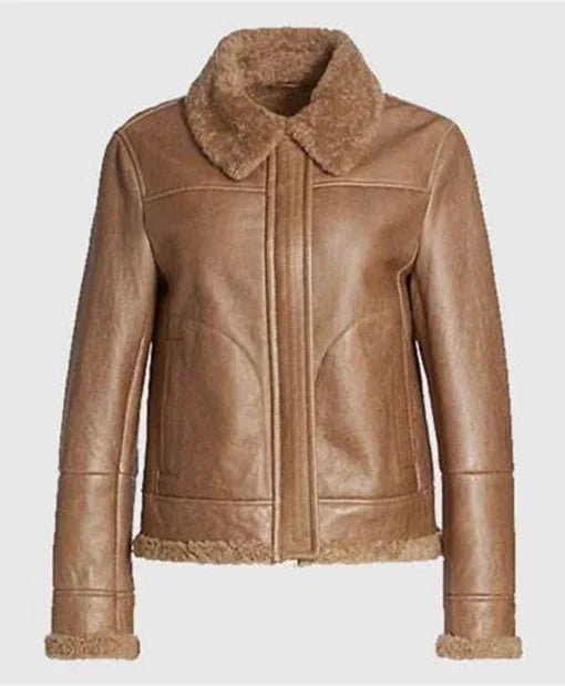 Monica Shearling Fur Lined Brown Leather Jacket for Women