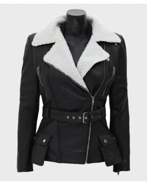 Natalie Shearling Leather Black Belted Biker Jacket Women