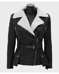 Natalie Shearling Leather Black Belted Biker Jacket Women