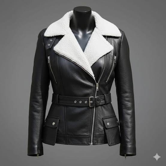 Natalie Shearling Leather Black Belted Biker Jacket Women