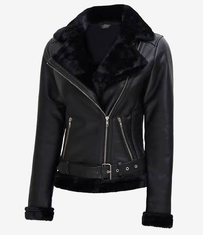 Natalie Shearling Leather Black Belted Biker Jacket Women