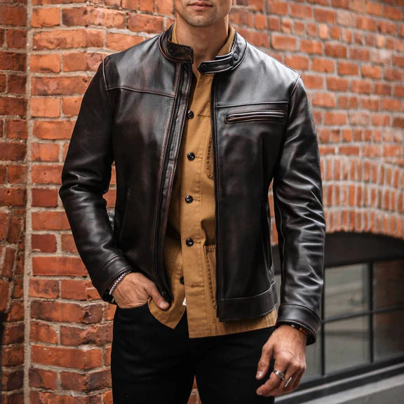 Men's Vintage Brown Roadster Leather Jacket Classic Moto Style