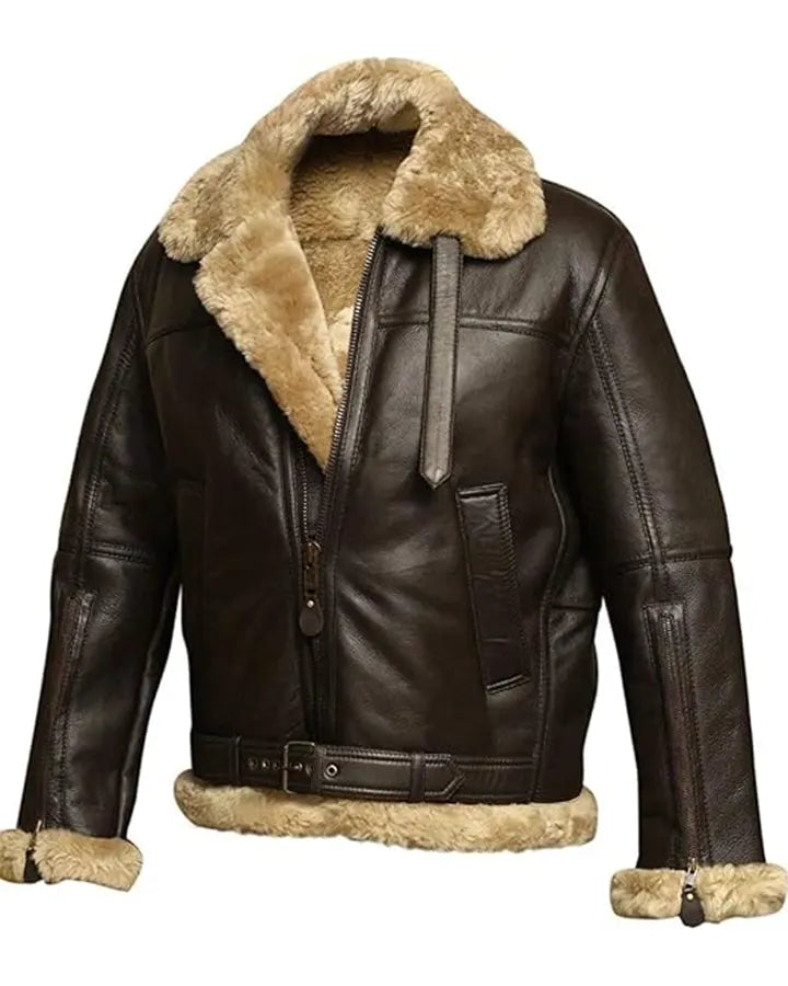 Victor RAF Brown Bomber Shearling Fur Leather Jacket