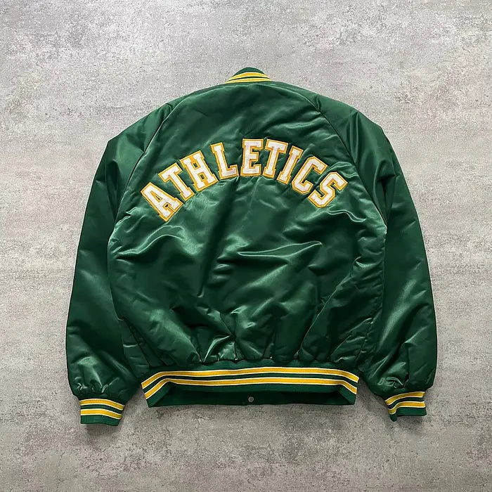 Vintage 90s MLB Oakland A’s Chalk Line Green Satin Bomber Jacket