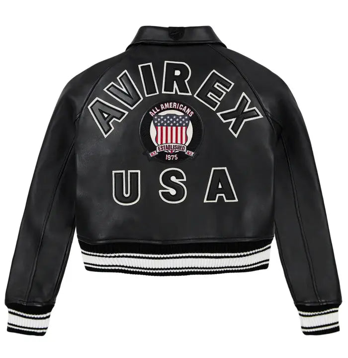 Women’s Avirex Simple Jet Black Cropped Leather Jacket