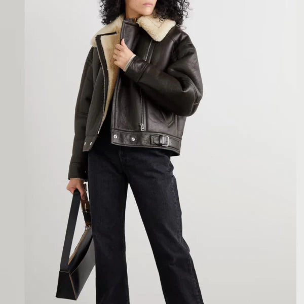 Black Women B3 RAF Aviator Cowhide Shearling Leather Jacket