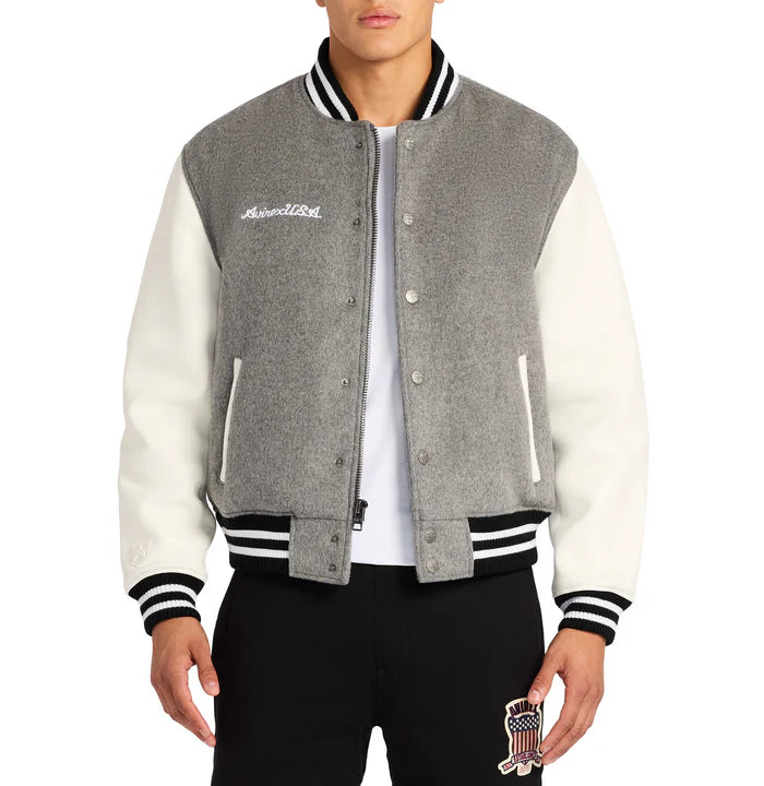 Men’s Avirex Wool Heather Grey Leather Varisty Jacket
