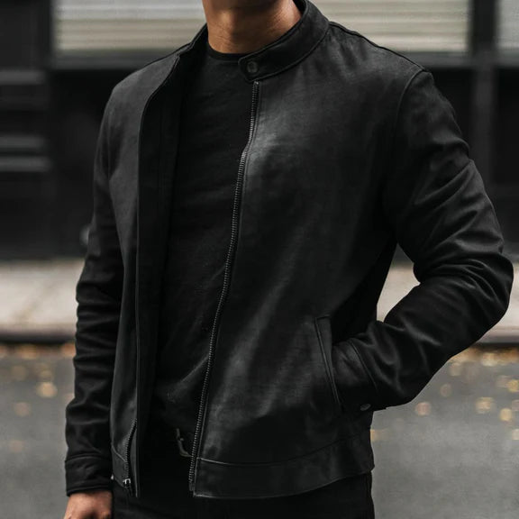 Men's Classic Black Racer Leather Jacket Slim Fit Biker Style