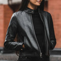 Women's Black Racer Leather Jacket Slim Fit Moto Biker Style