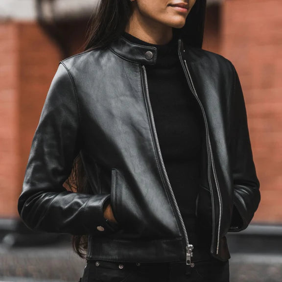 Women's Black Racer Leather Jacket Slim Fit Moto Biker Style